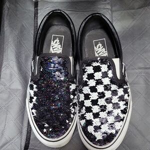 Vans Black and White Sequin Slip-On Sneakers Size 9.5
